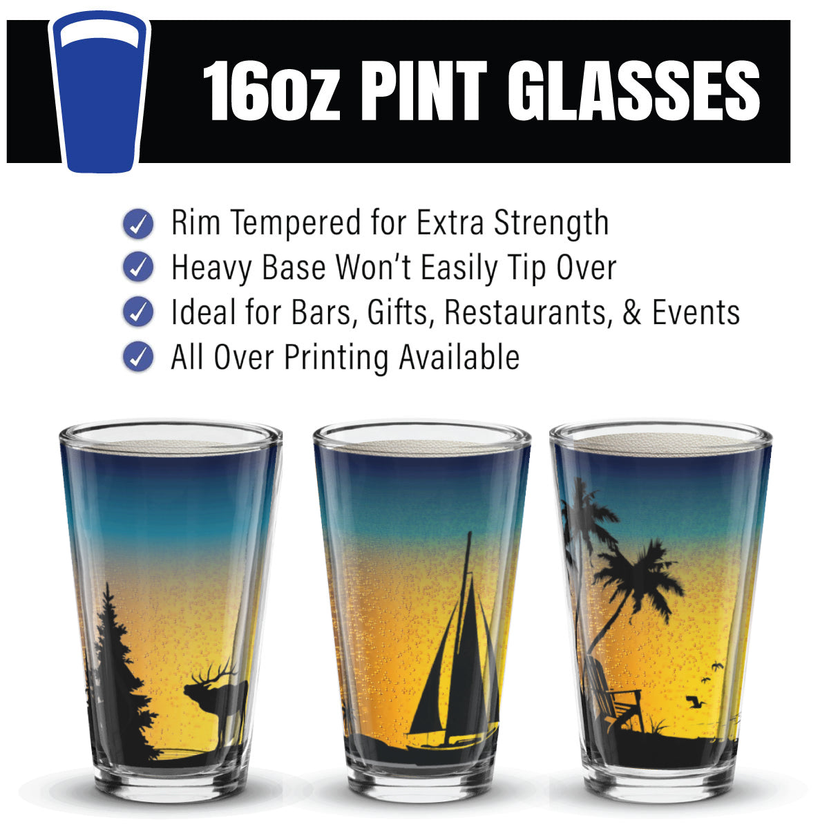16oz pint glasses with customizable design options on a white background