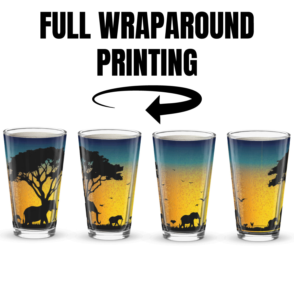 Rotating glass with full wraparound printing of an African landscape design with sunset.
