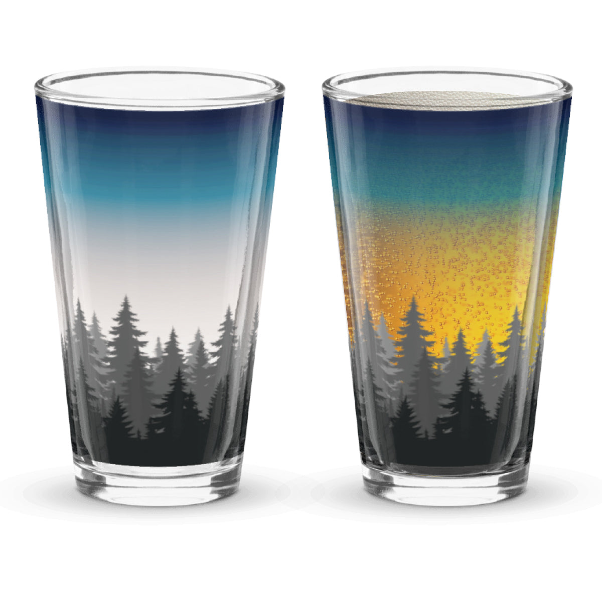 Two glasses with sunset design featuring pine trees and sunset background when beer is poured into the glass.