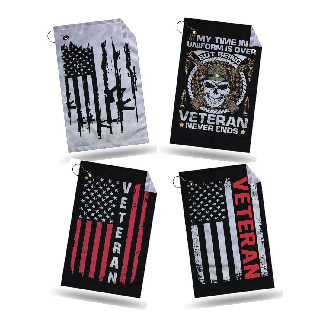 Four veteran-themed flags golf towels with American flags and text on a white background