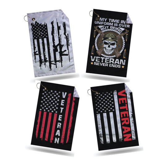 Four veteran-themed flags golf towels with American flags and text on a white background