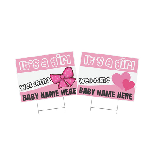Two baby shower signs for a girl with pink bow and heart designs 