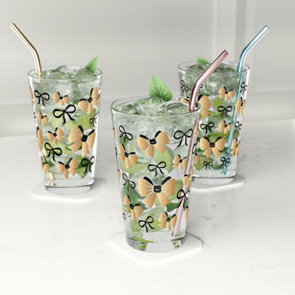 Bow Pattern Pint Glass Black and Gold Ribbon