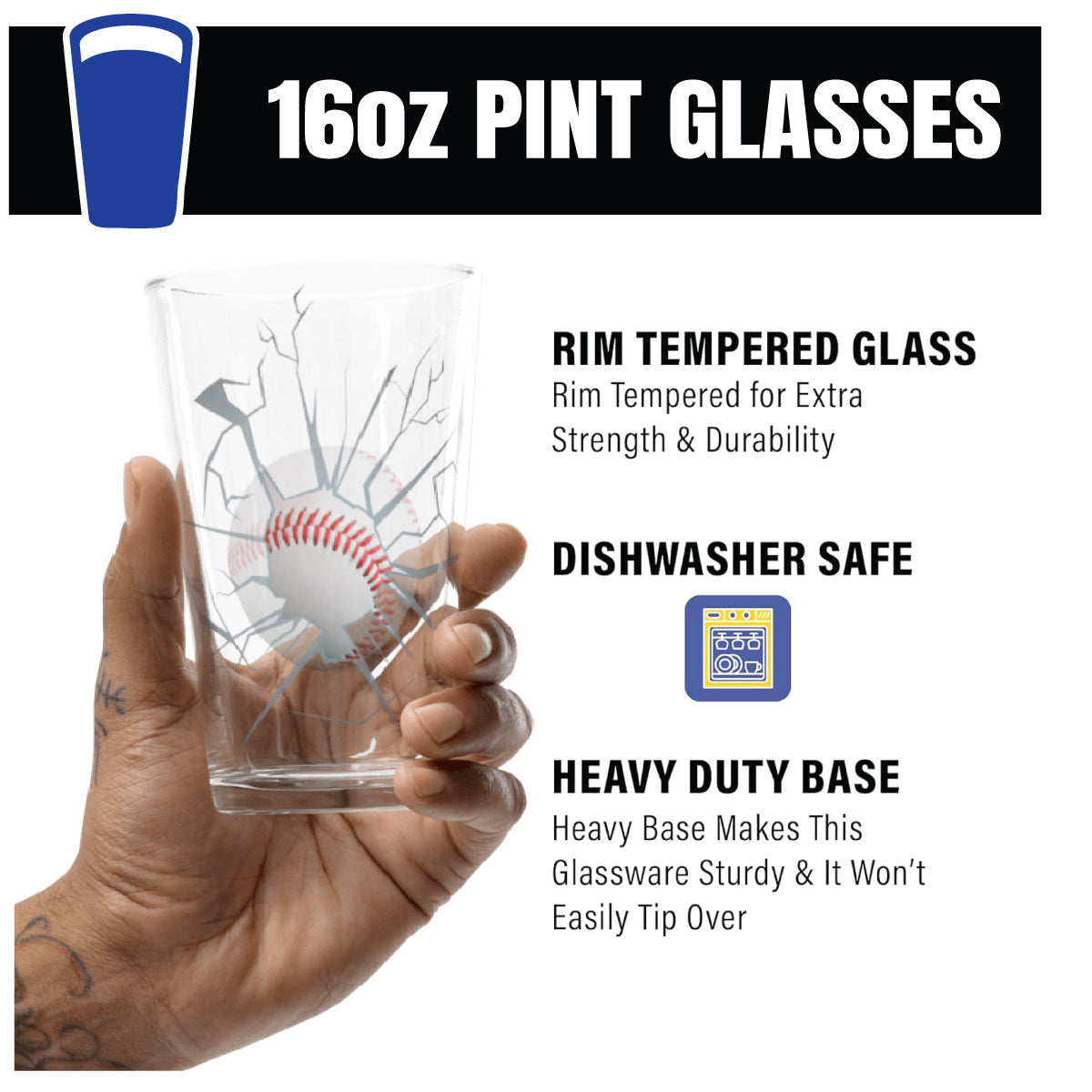 16oz pint glass held by a hand with tattooed fingers, featuring text about glass properties.