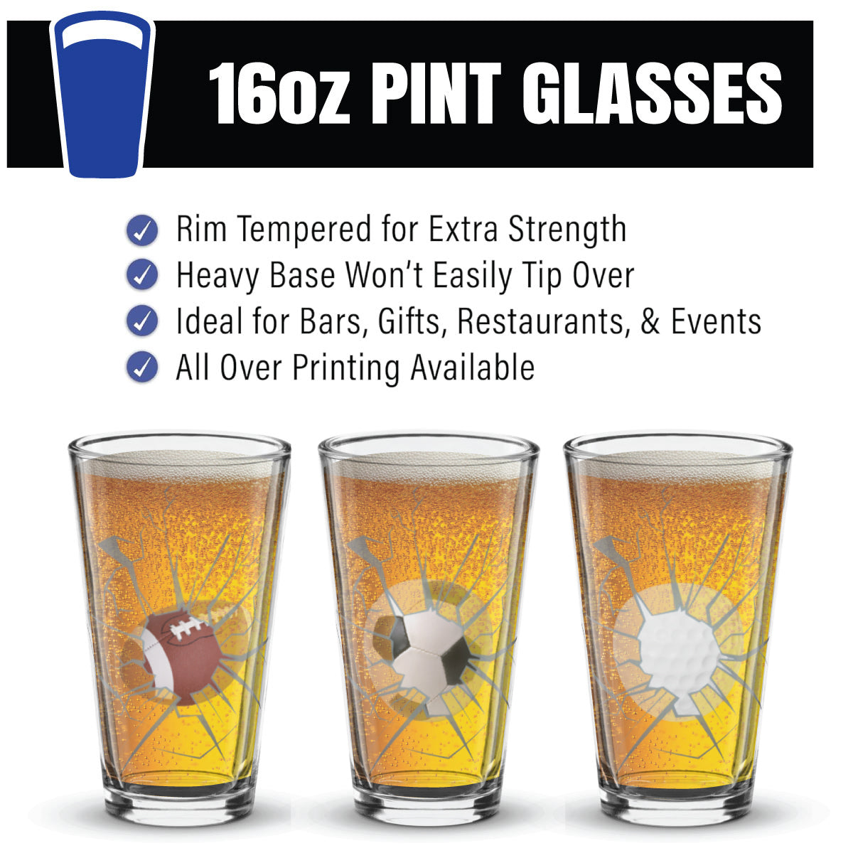 Three 16oz pint glasses with decorative designs on a white background, featuring text about the glasses' features.