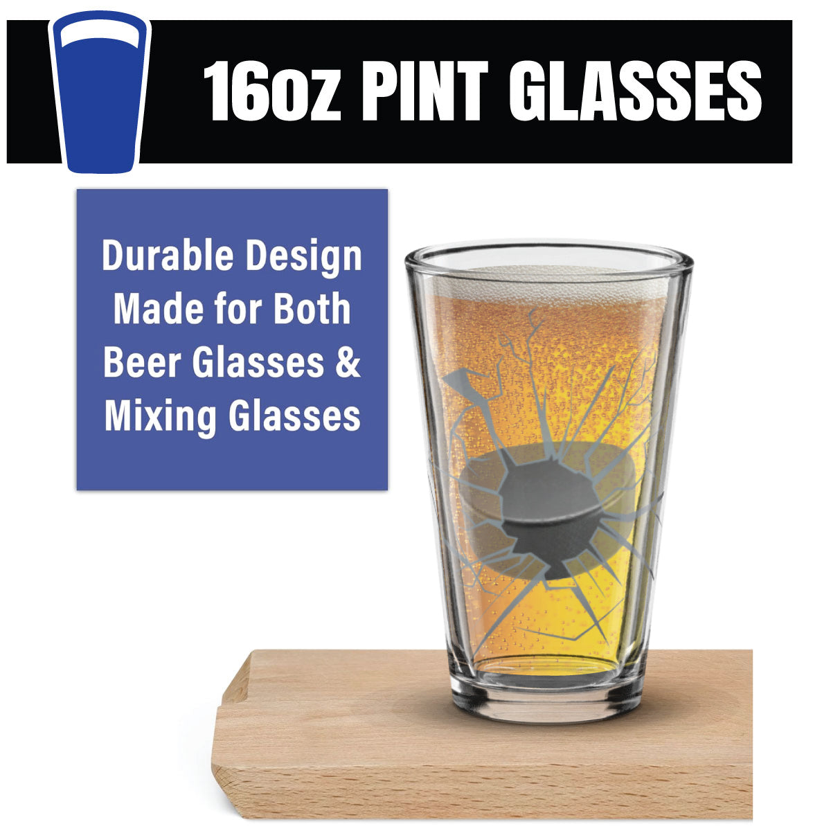 16oz pint glass with durable hockey design for beer and mixing glasses