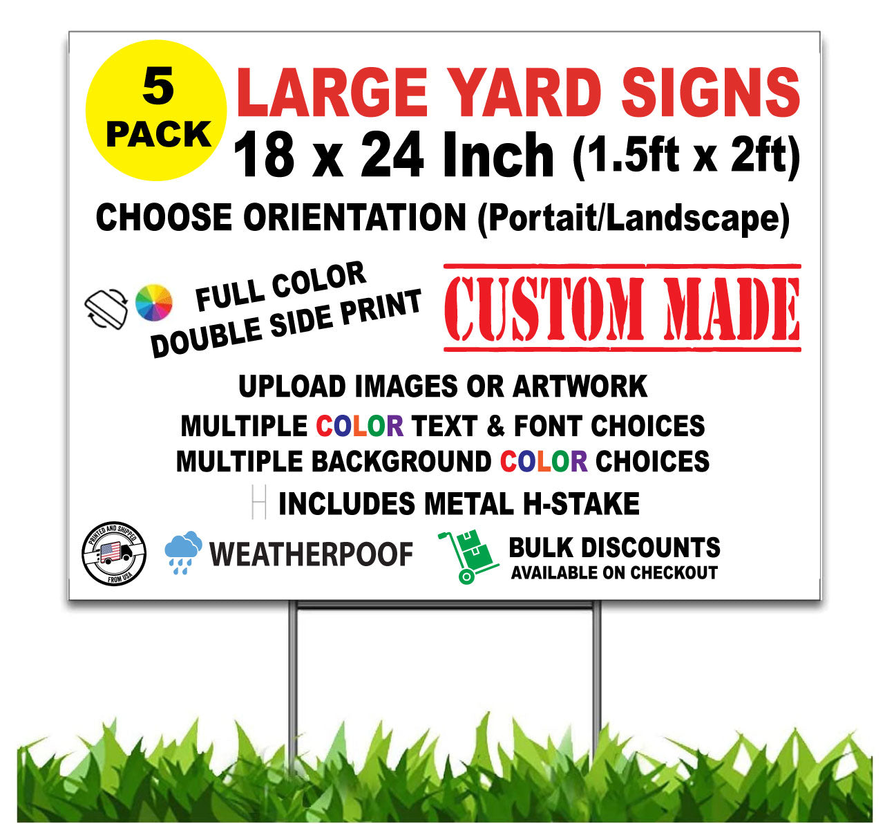 Custom Yard Signs, 5 Pack (QTY5), Personalize Yard Sign, 24 x 18 inch, Double Sided, H-Stake Included