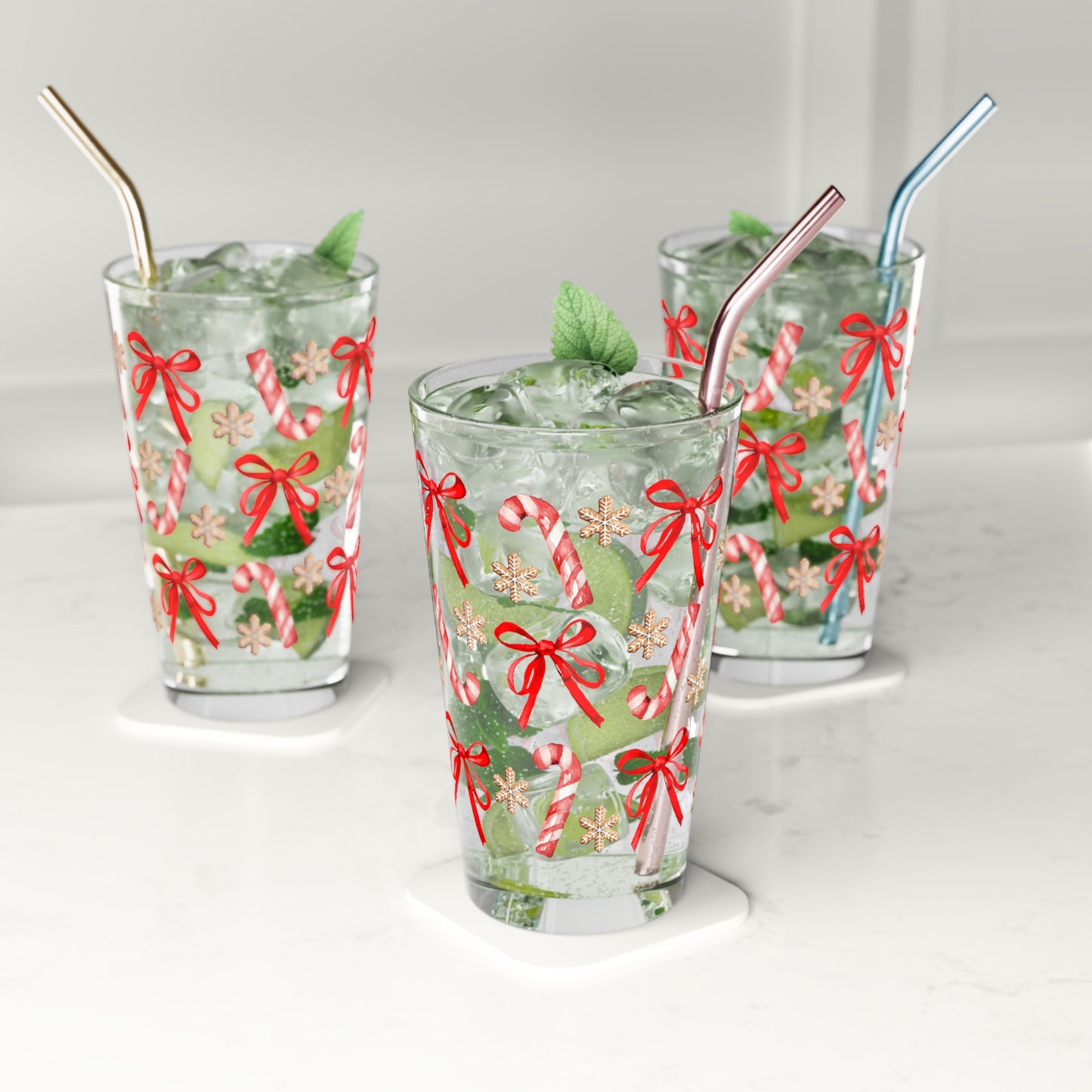 Christmas Red Bow Candy Cane Pint Glass