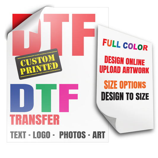 Custom DTF transfer with text and options on a white background
