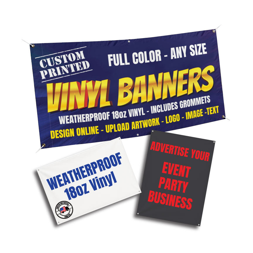 Custom vinyl banner, full color printed design with grommets, personalized with logo, text, or artwork for events, businesses, or parties.