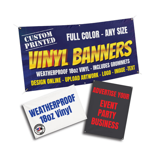 Custom vinyl banner, full color printed design with grommets, personalized with logo, text, or artwork for events, businesses, or parties.