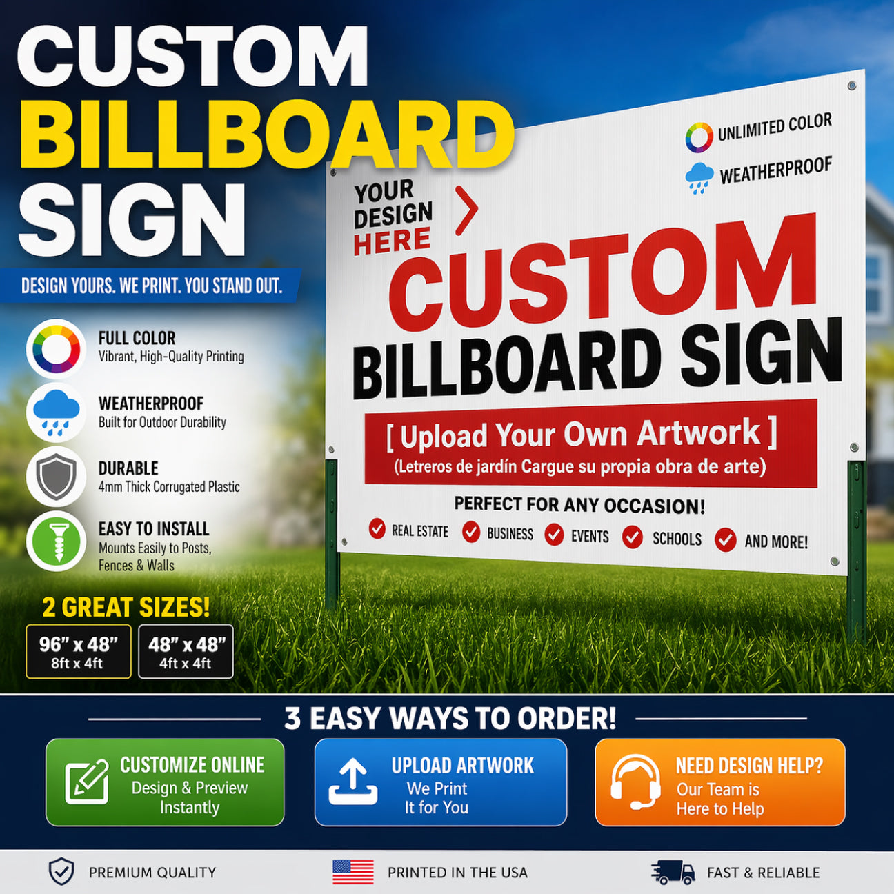 Custom billboard sign design options showing design online upload and email artwork, large outdoor advertising sign