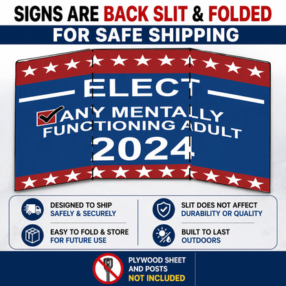 Large custom yard sign folded for shipping with back slit design, easy to transport and store without affecting durability