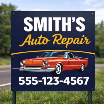 Auto Repair sign with a red car illustration and contact phone number on a blue background.