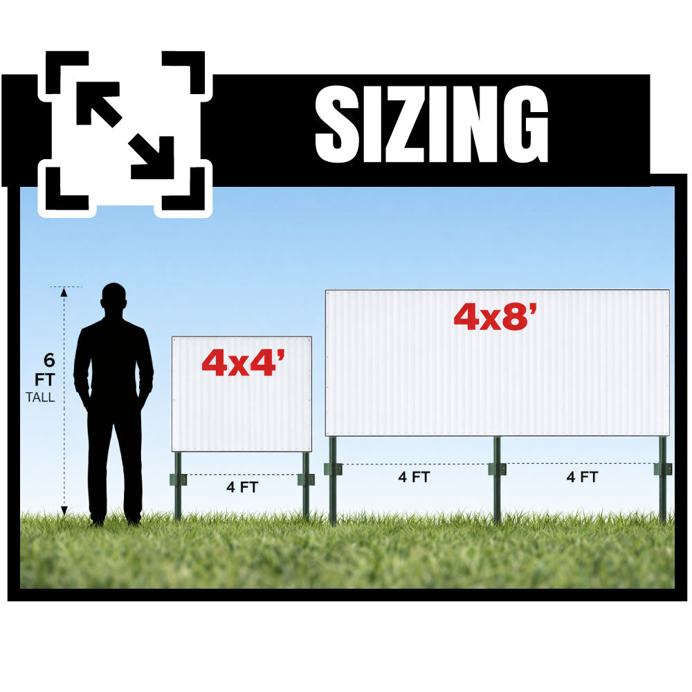 Custom billboard yard sign size comparison showing 4ft x 4ft and 8ft x 4ft large outdoor sign dimensions