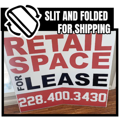 Large custom yard sign folded for shipping with back slit design, easy to transport and store without affecting durability