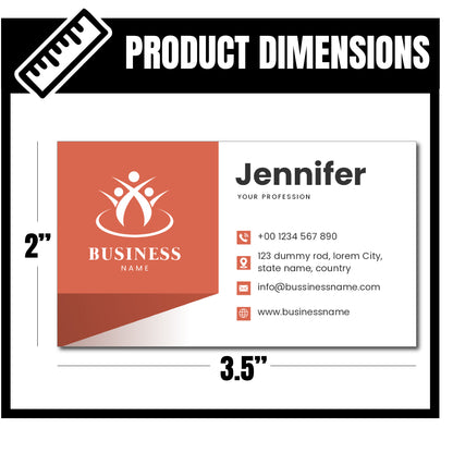 Business cards with dimensions labeled, featuring a red and white design.