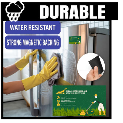 Custom business card size magnet advertisement for durable, water-resistant, and strongly magnetic backing with a hand cleaning a refrigerator door.