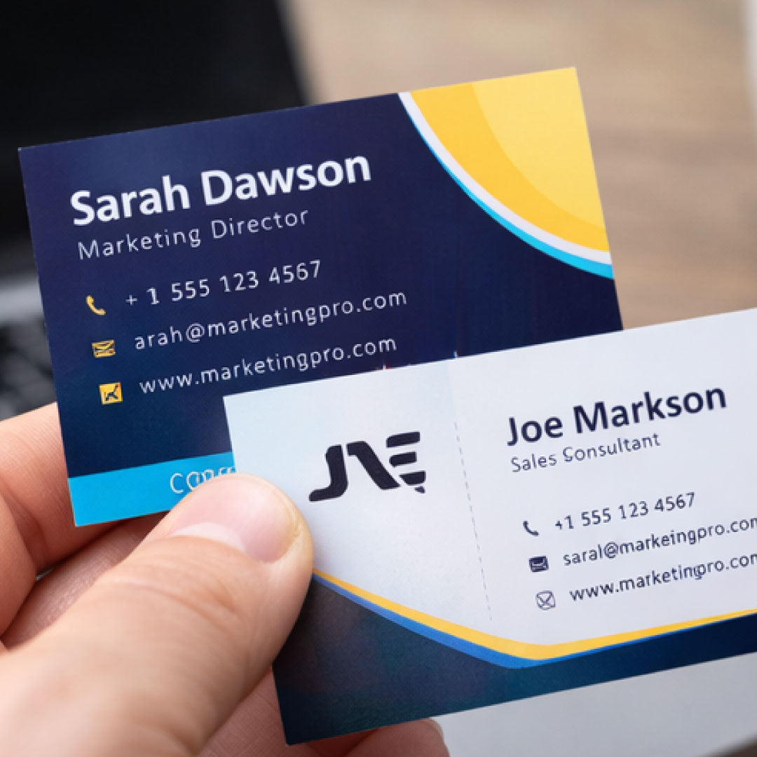 Two business cards held by a hand, one with 'Sarah Dawson' and the other with 'Joe Markson'.