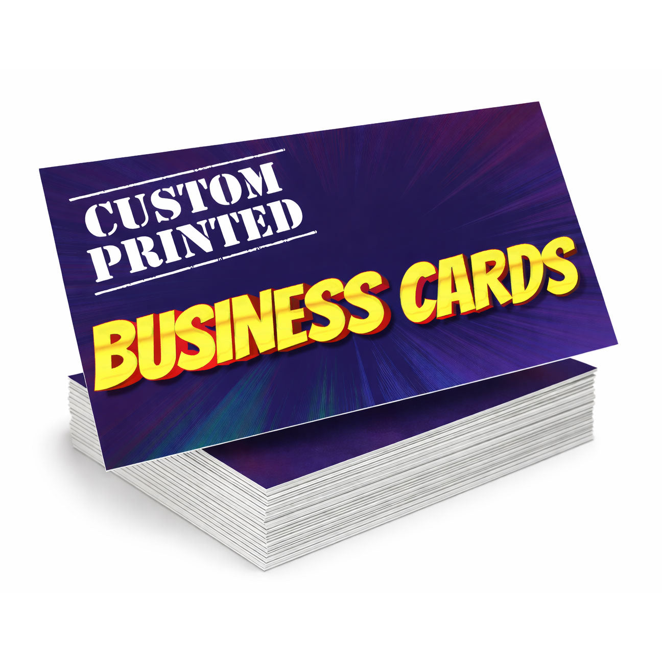 Stack of custom printed business cards with colorful text on a white background