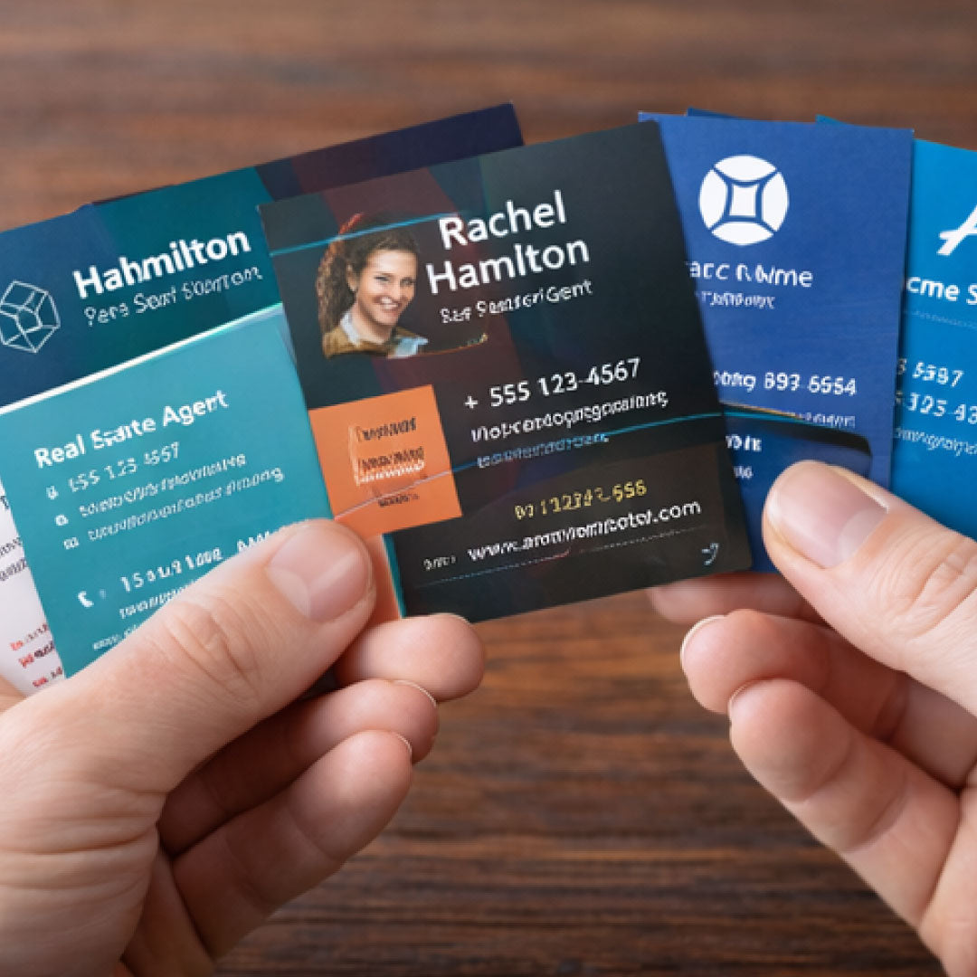 Hands holding a stack of business cards with various designs and text.