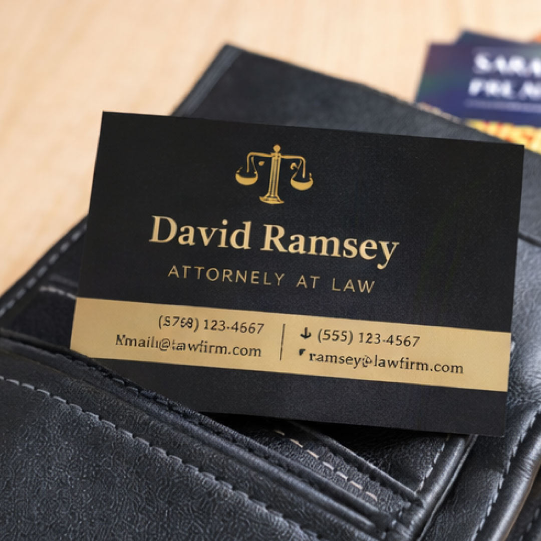 Lawyer's business card with contact information on a leather surface