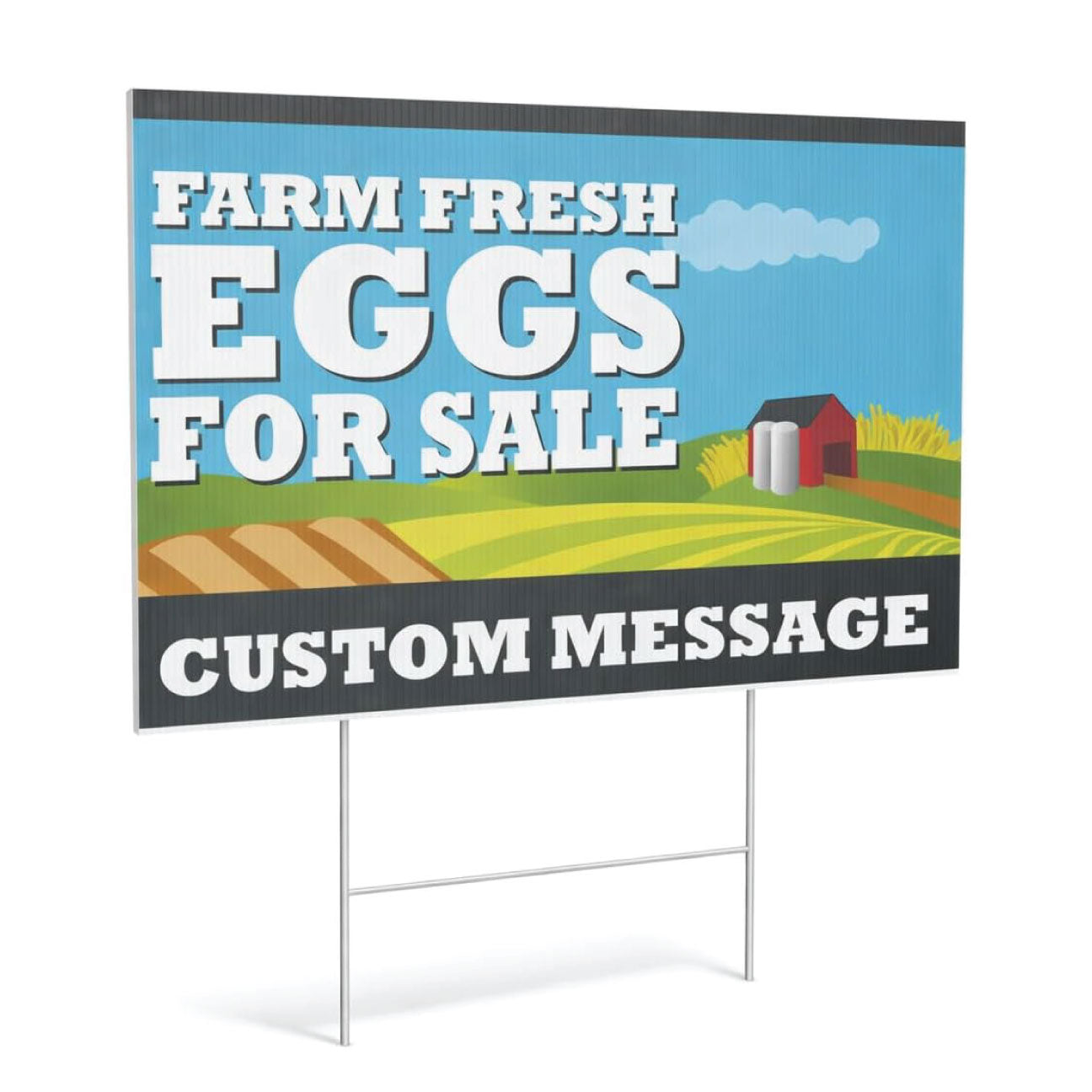 Custom Farm Fresh Eggs yard sign displayed outdoors, double sided weatherproof coroplast sign with H-stake, available in 24x18 and 36x24 sizes