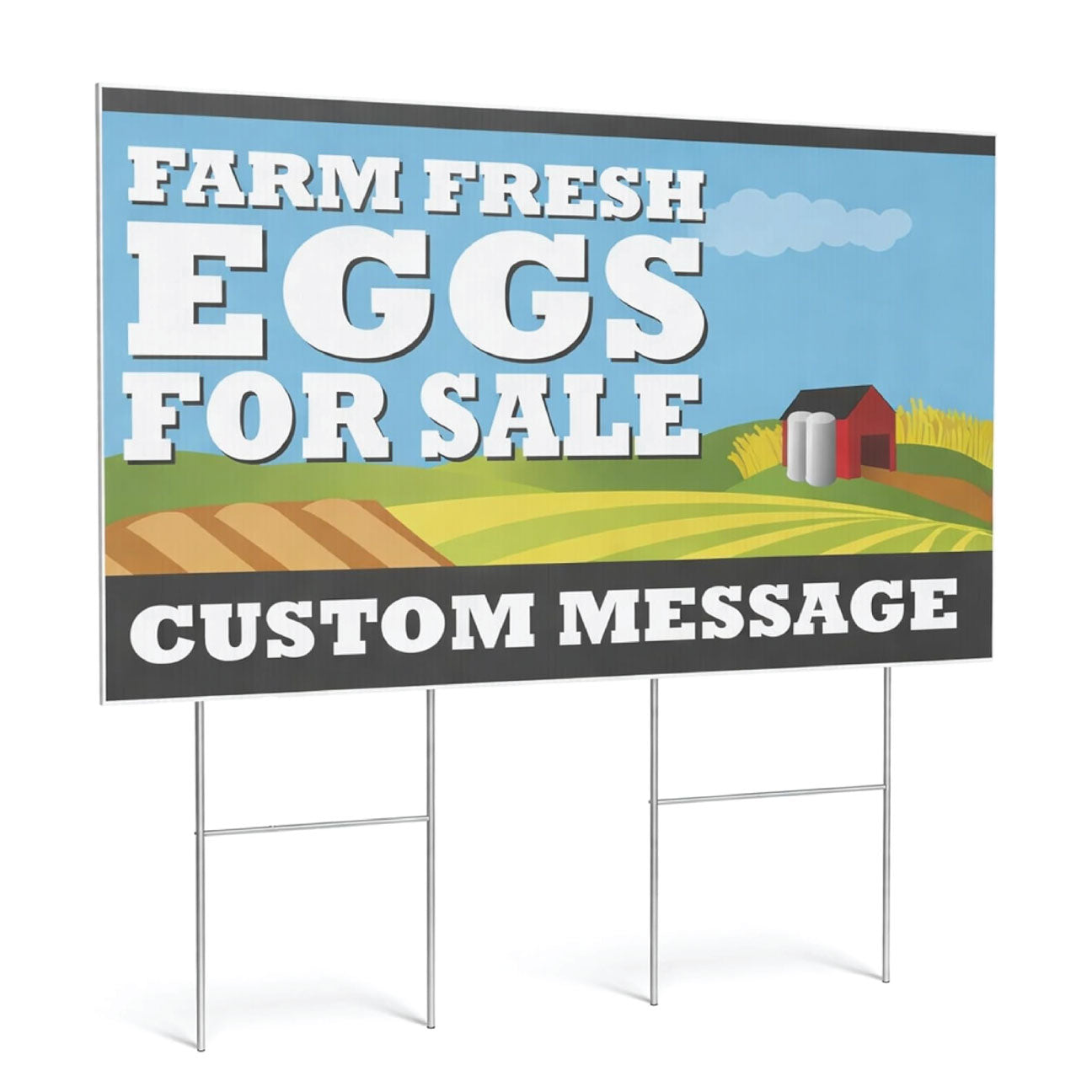 Custom Farm Fresh Eggs yard sign displayed outdoors, double sided weatherproof coroplast sign with H-stake, available in 24x18 and 36x24 sizes