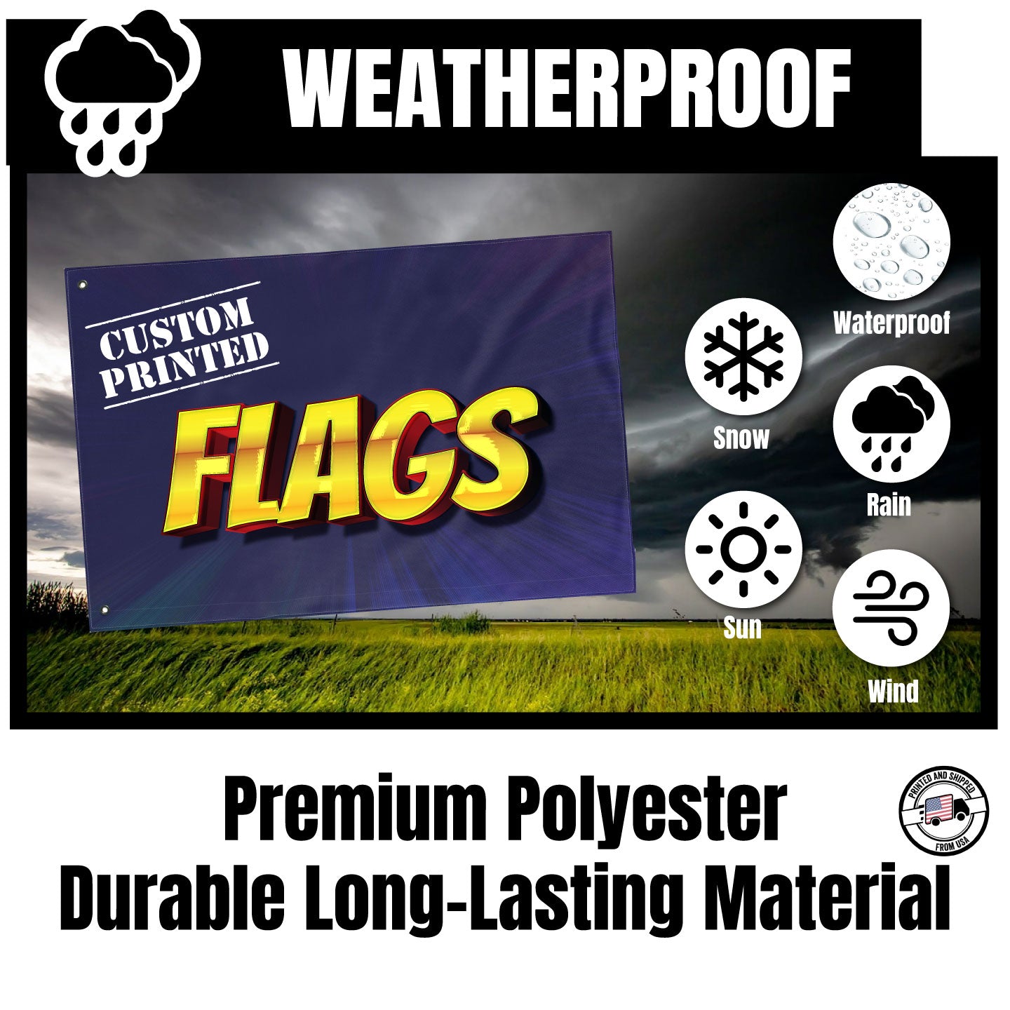 Weatherproof custom flag with bright high-resolution print
