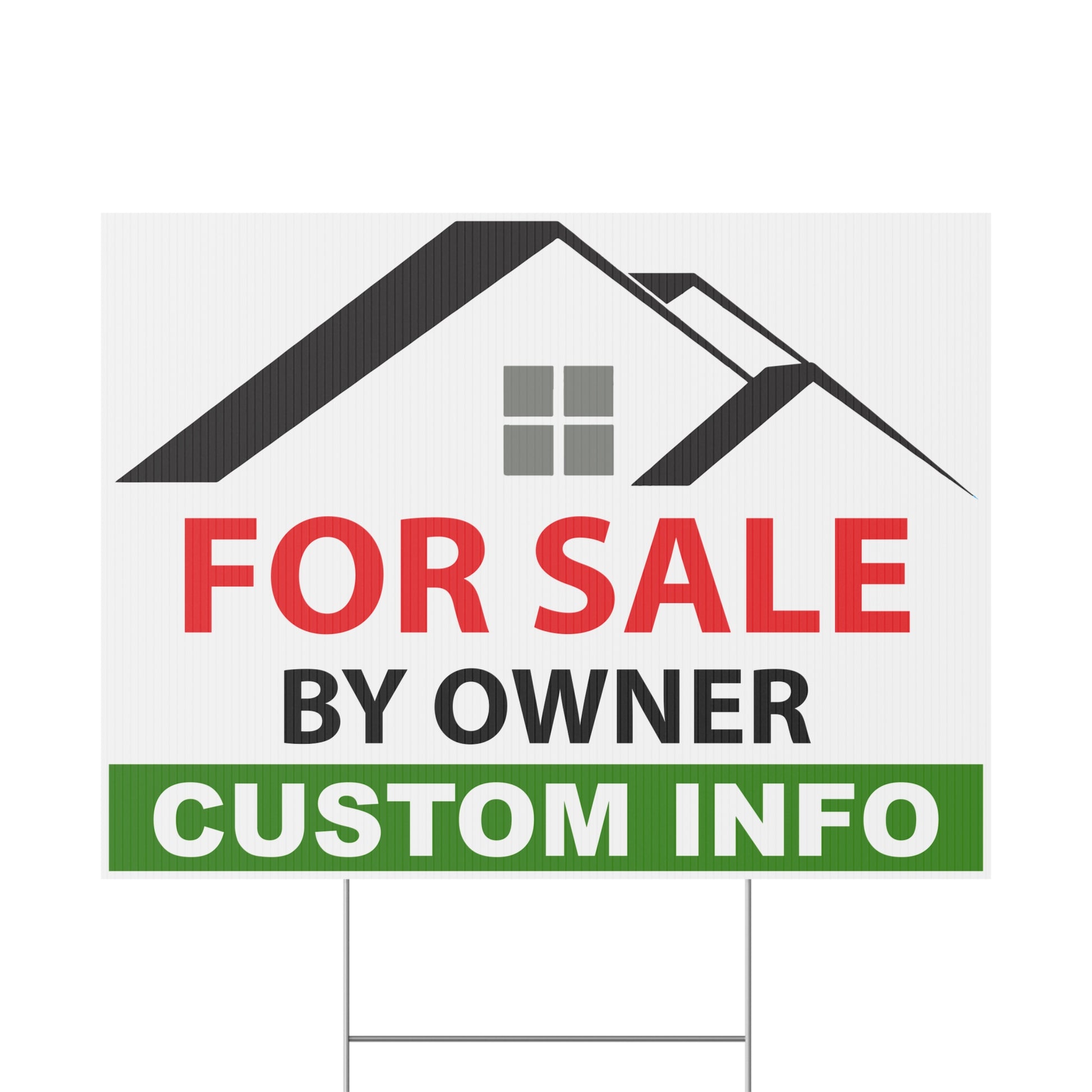 Custom FSBO yard sign available in black red green color option featuring weatherproof corrugated plastic, personalized real estate design, and metal H-stake hardware