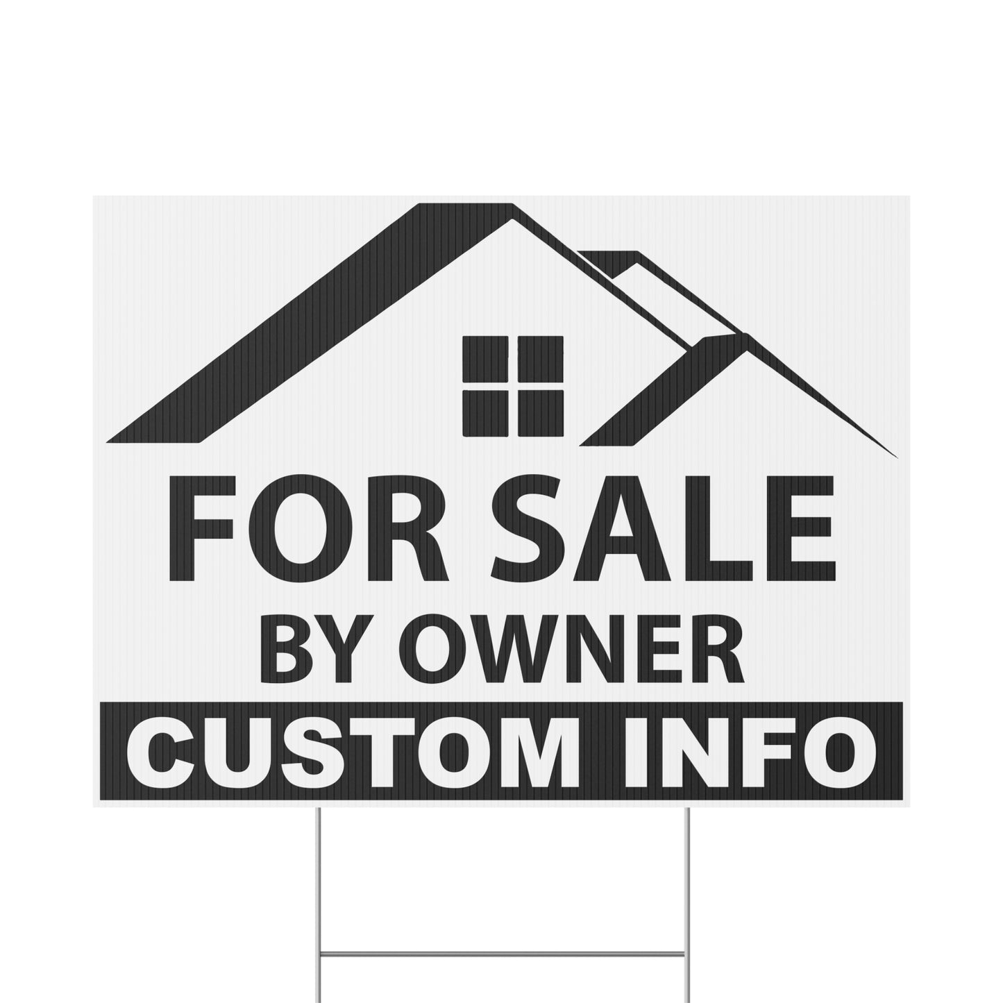 Custom FSBO yard sign available in black color option featuring weatherproof corrugated plastic, personalized real estate design, and metal H-stake hardware