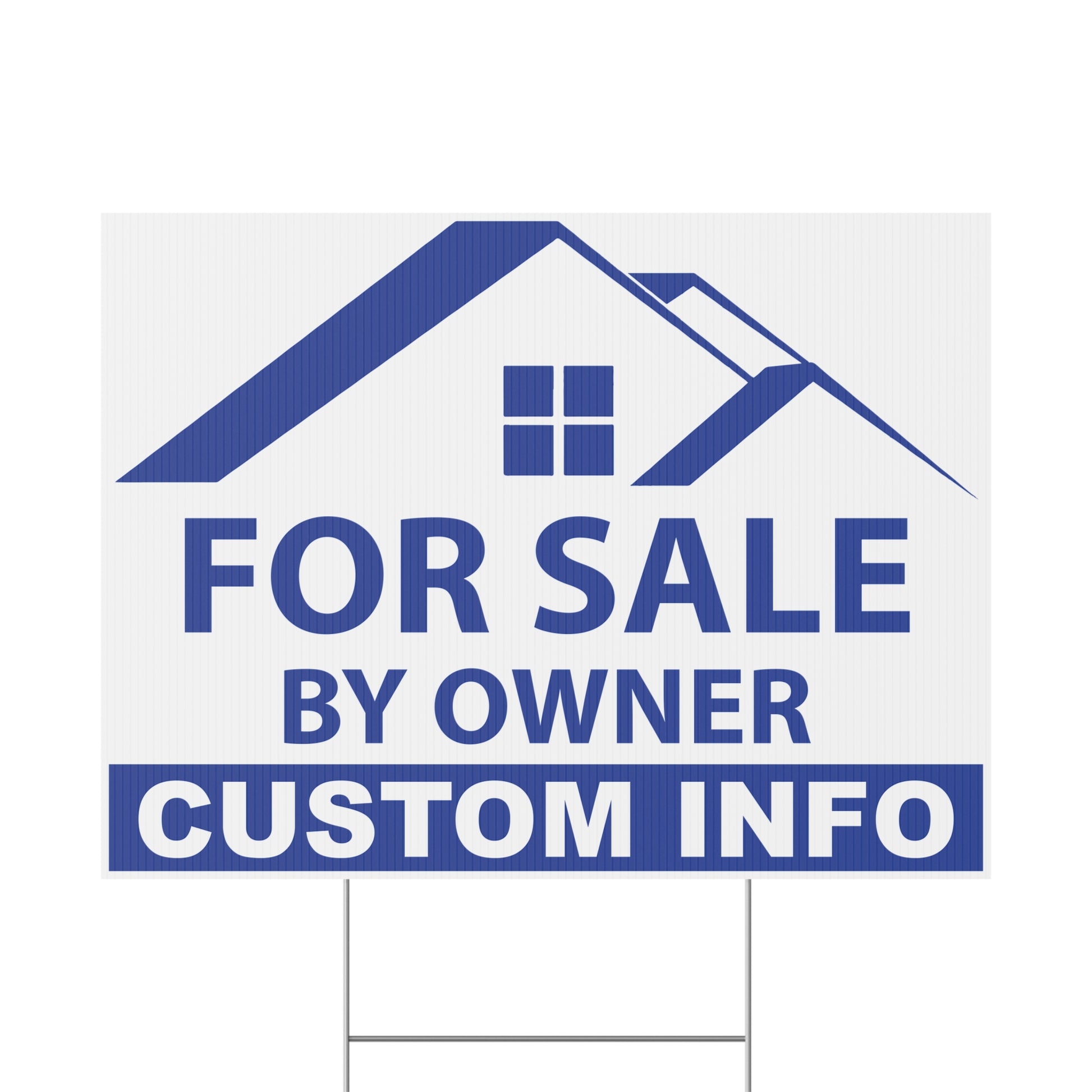 Custom FSBO yard sign available in blue color option featuring weatherproof corrugated plastic, personalized real estate design, and metal H-stake hardware