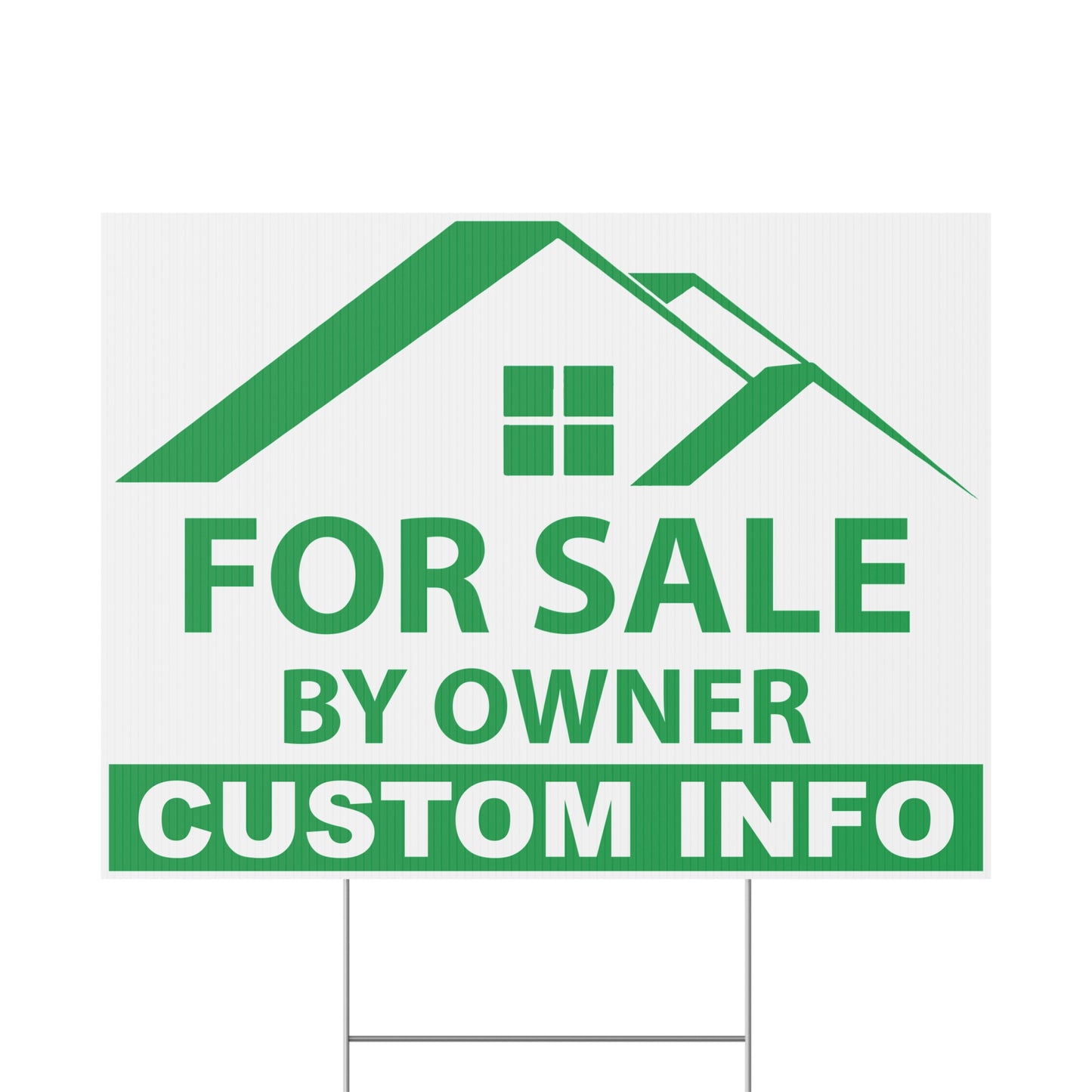 Custom FSBO yard sign available in green color option featuring weatherproof corrugated plastic, personalized real estate design, and metal H-stake hardware