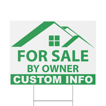 Custom FSBO yard sign available in green color option featuring weatherproof corrugated plastic, personalized real estate design, and metal H-stake hardware