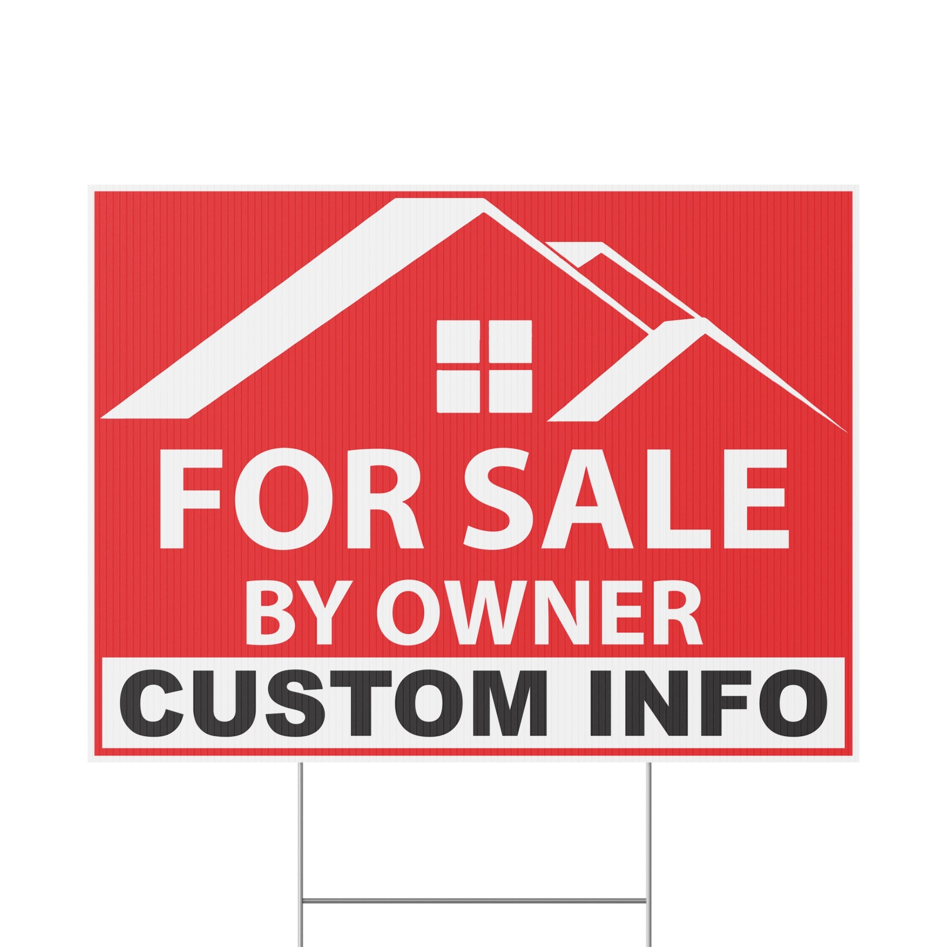 Custom FSBO yard sign available in red color option featuring weatherproof corrugated plastic, personalized real estate design, and metal H-stake hardware