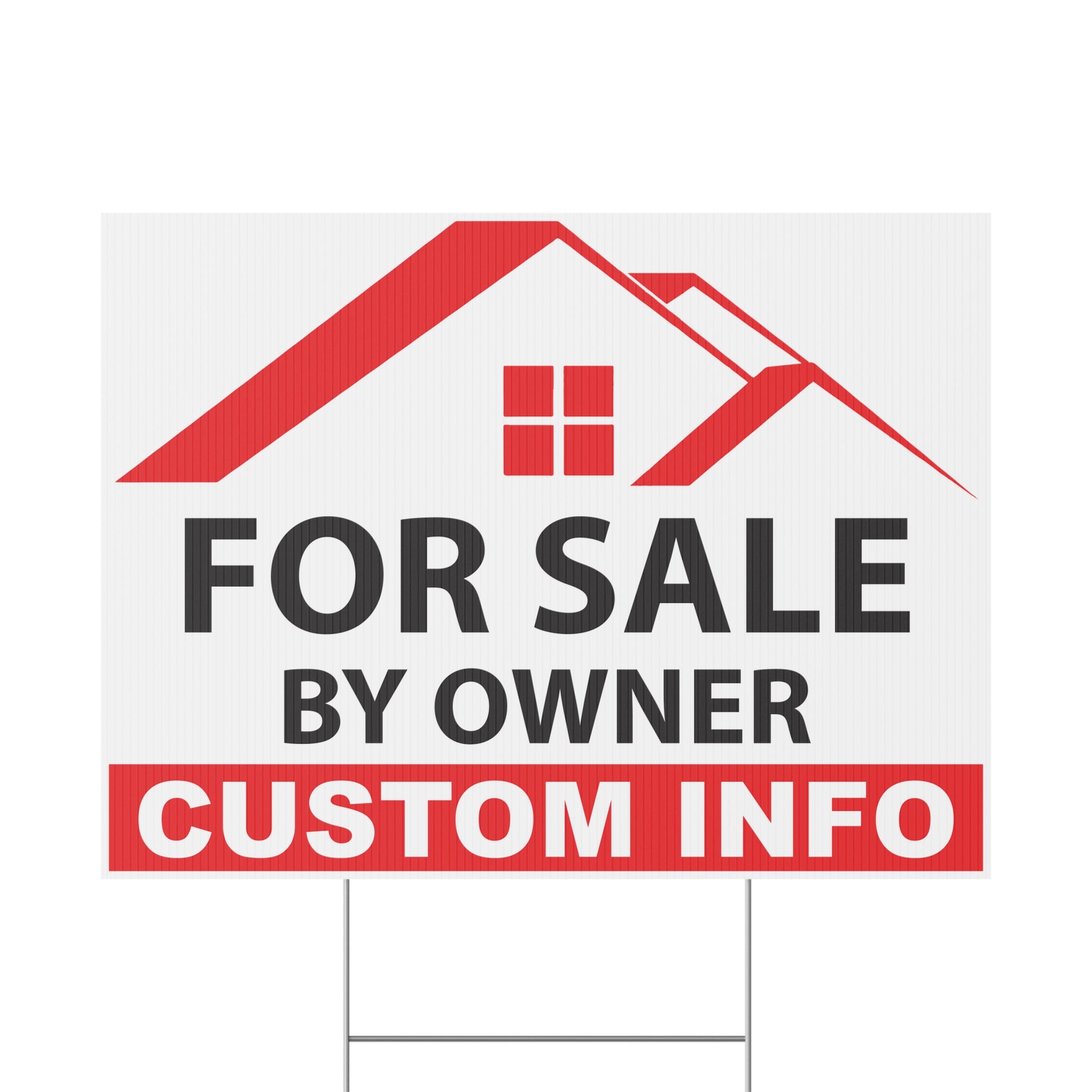 Custom FSBO yard sign available in red color option featuring weatherproof corrugated plastic, personalized real estate design, and metal H-stake hardware