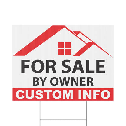 Custom FSBO yard sign available in red color option featuring weatherproof corrugated plastic, personalized real estate design, and metal H-stake hardware
