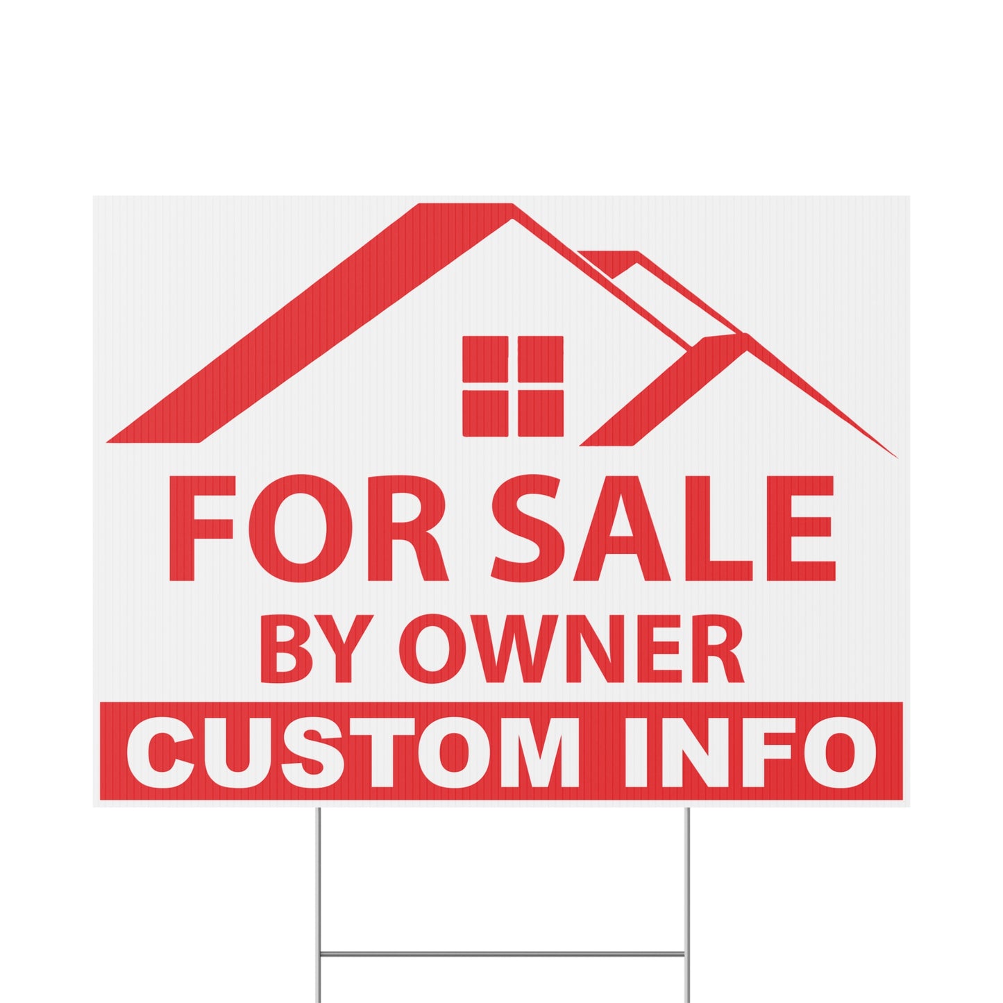 Custom FSBO yard sign available in red white color option featuring weatherproof corrugated plastic, personalized real estate design, and metal H-stake hardware