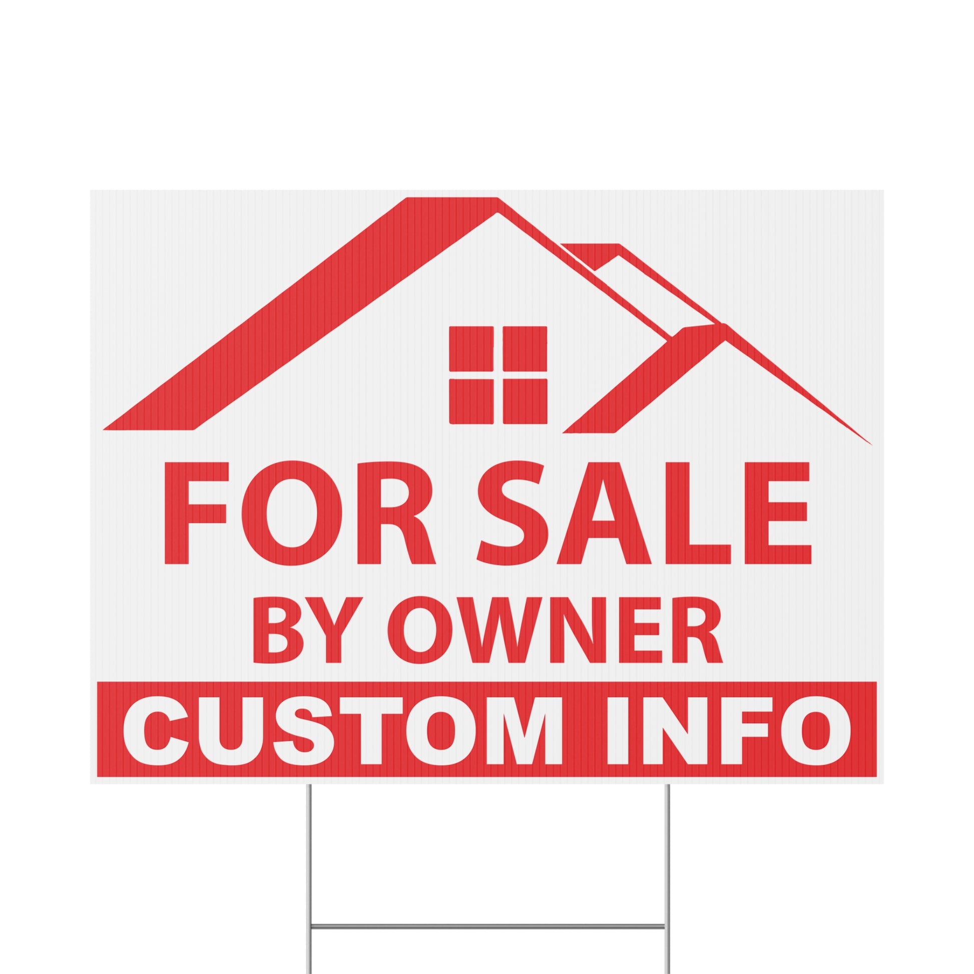 Custom FSBO yard sign available in red white color option featuring weatherproof corrugated plastic, personalized real estate design, and metal H-stake hardware