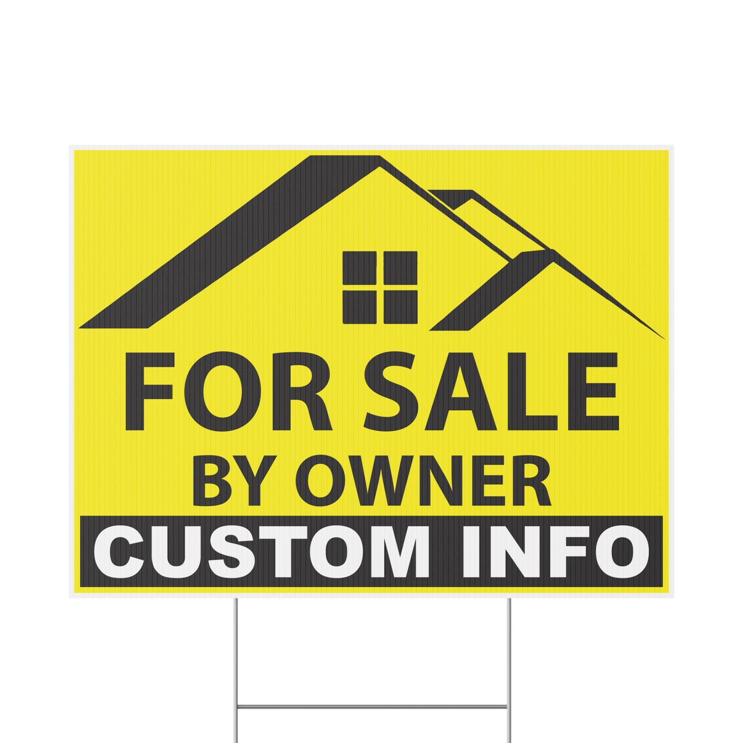 Custom FSBO yard sign available in yellow color option featuring weatherproof corrugated plastic, personalized real estate design, and metal H-stake hardware