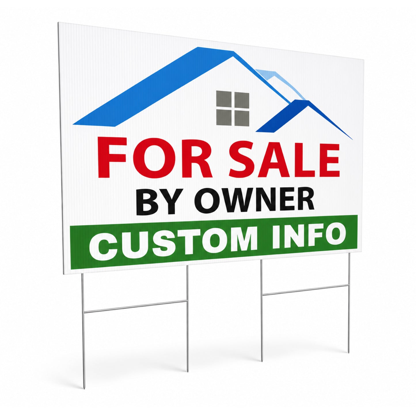 Large 36x24 custom FSBO yard sign with dual metal H-stakes designed for outdoor real estate advertising and maximum property visibility