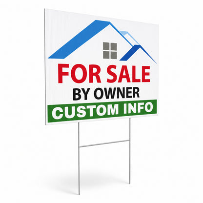 Custom FSBO yard sign with metal H-stake featuring personalized real estate advertising design on weatherproof corrugated plastic for outdoor property marketing