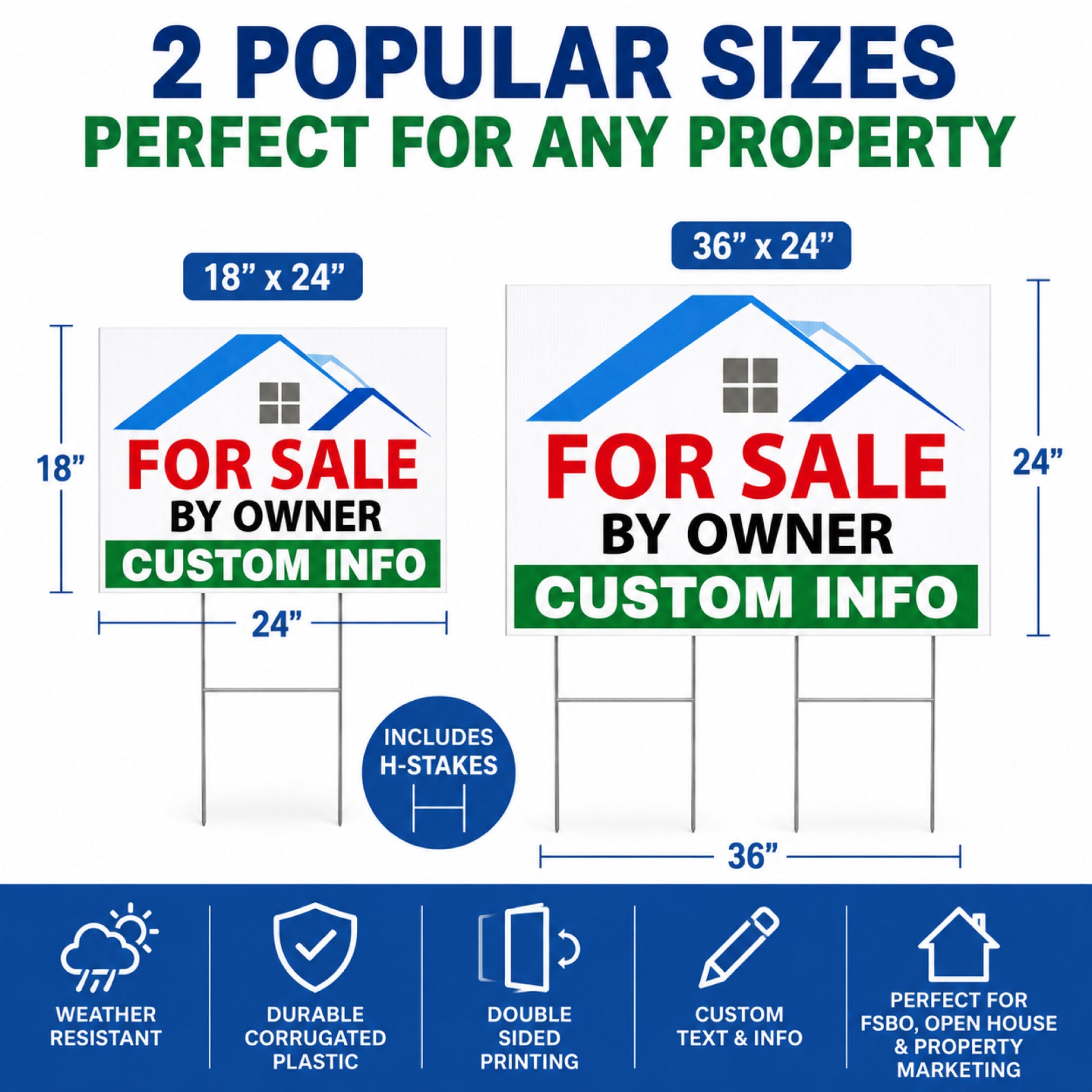 Comparison image showing 18x24 and 36x24 custom FSBO yard signs with metal H-stakes, weatherproof corrugated plastic, double sided printing, and customizable real estate advertising design