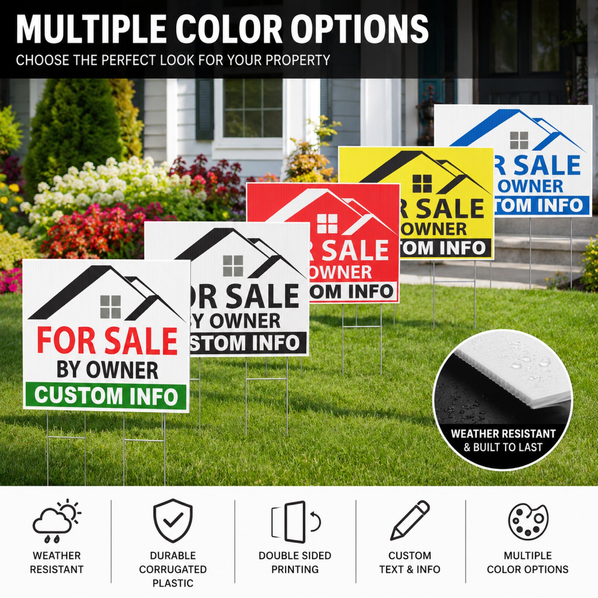 Custom FSBO yard signs displayed in multiple color options including red, black, yellow, blue, and white designs in a residential front yard setting with weatherproof corrugated plastic and metal H-stakes for real estate advertising and open house marketing