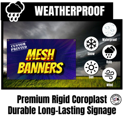 Mesh banners with weatherproof features and customizable text on a grassy field background.