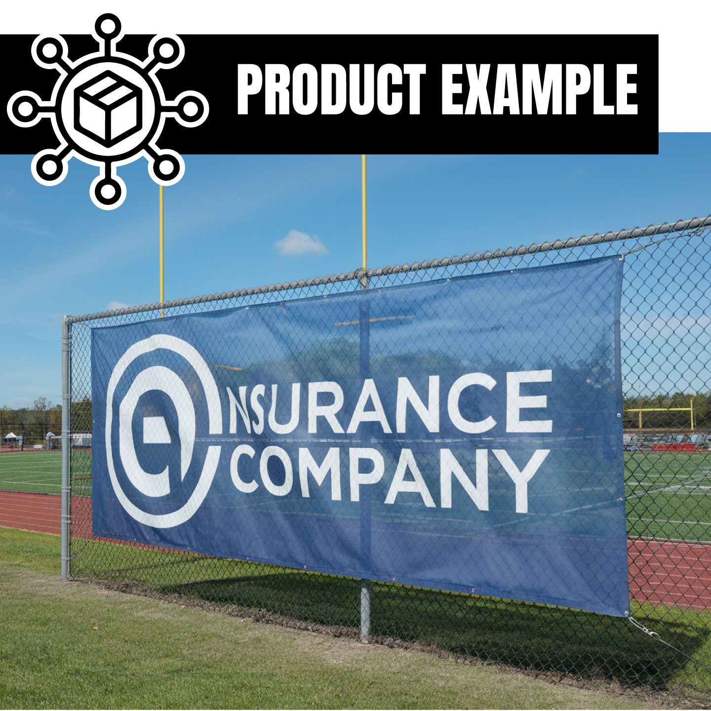 Insurance company mesh banner on a chain-link fence with sports field background