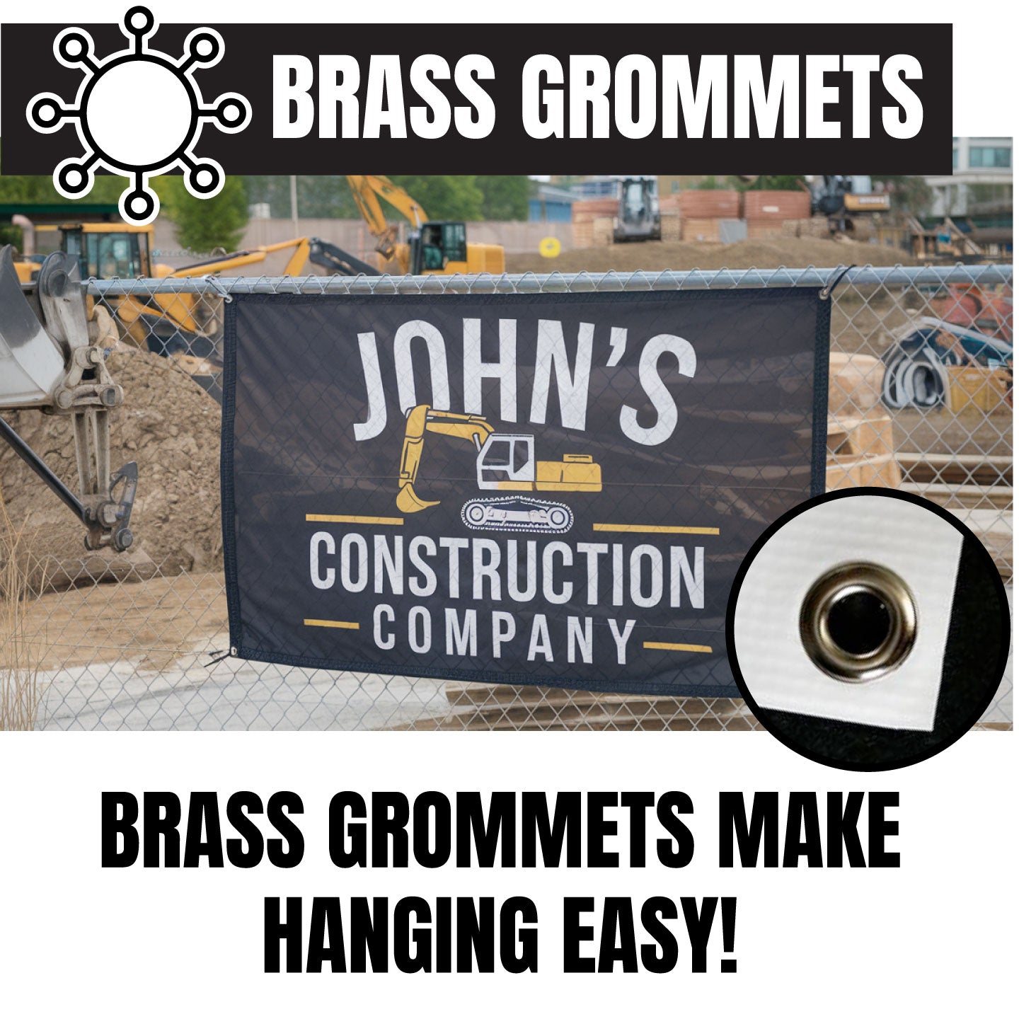 Mesh Banner with grommets with a construction-themed banner and excavator illustration.