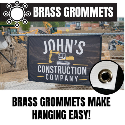 Mesh Banner with grommets with a construction-themed banner and excavator illustration.