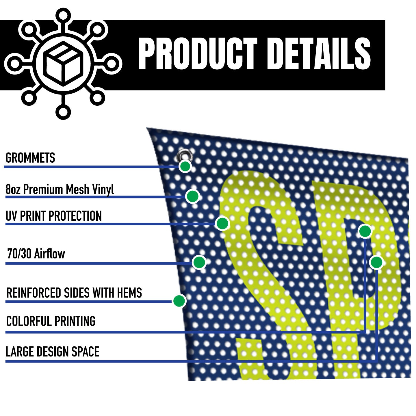 Product details of a mesh banner printed material with grommets, mesh vinyl, and colorful design.