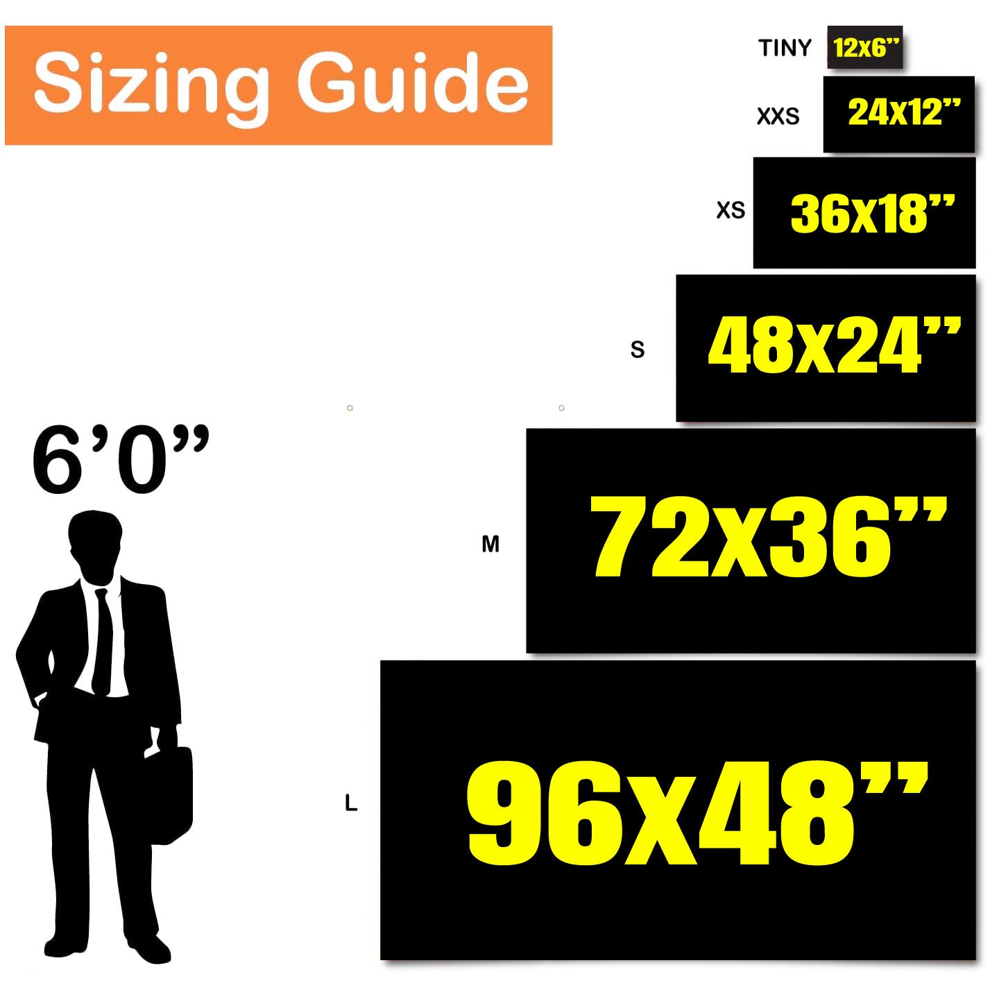 Sizing guide for banner prints with dimensions and a silhouette of a person.